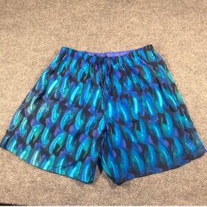 Vintage Speedo Mens XL Swim Trunks Blue Teal Abstract Print Mesh Lined Shorts
